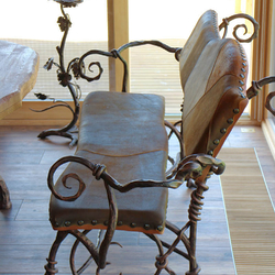 Luxury bench with leather forged in Artist Blacksmith UKOVMI as a part of dining room furniture Luxury bench with leather forged in Artist Blacksmith UKOVMI as a part of dining room furniture