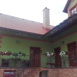 A view of a family house with a wrought-iron shed and railings with an oak pattern made in UKOVMI